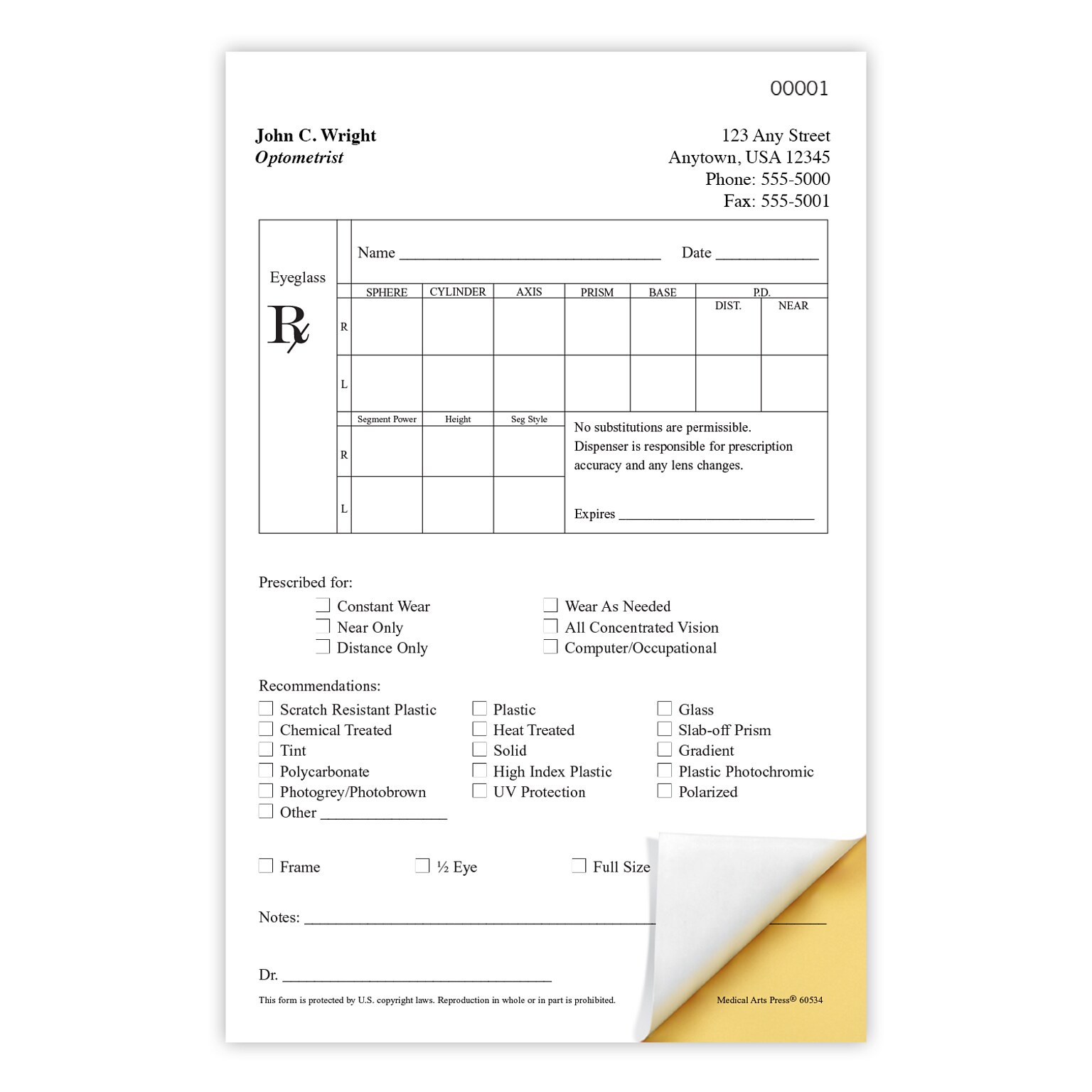 Numbered Eyeglasses Vertical RX Pads, 2-Part Carbonless, 5 Pads per Pack