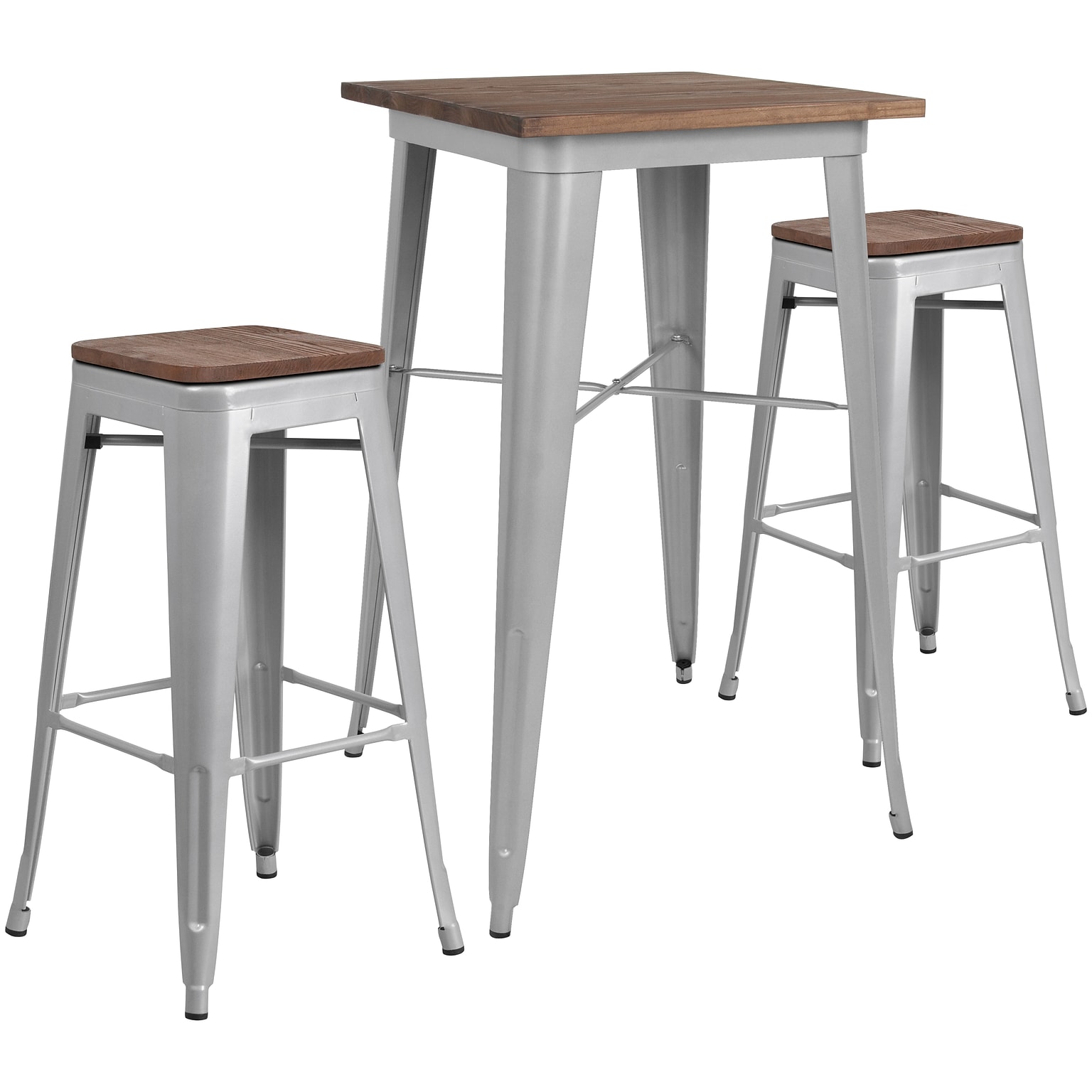 Flash Furniture Metal/Wood Restaurant Bar Table Set, 42H, Silver (CHWDTBCH3)
