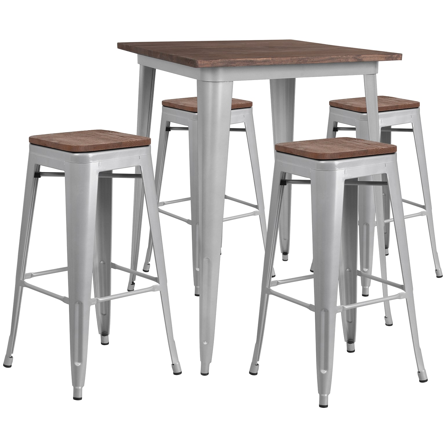 Flash Furniture Metal/Wood Restaurant Bar Table Set, 42H, Silver (CHWDTBCH6)