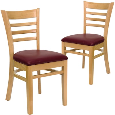 Flash Furniture Hercules Traditional Vinyl & Wood Ladder Back Restaurant Dining Chair, Natural/Burgundy, 2/Pack (2XUW05NATBRV)