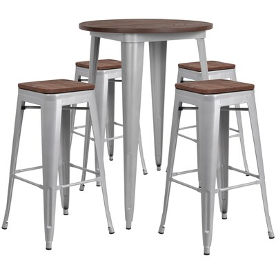 Flash Furniture Metal/Wood Restaurant Bar Table Set, 42H, Silver (CHWDTBCH12)