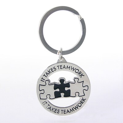 Baudville® Nickel Finish key chain with Puzzle Piece Graphic, It Takes Teamwork, Silver (139801331)
