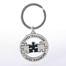 Baudville® Nickel Finish key chain with Puzzle Piece Graphic, It Takes Teamwork, Silver (139801331