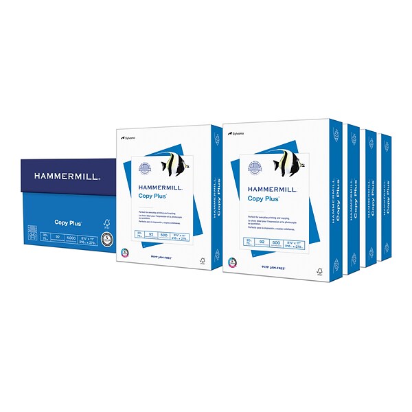 Hammermill Copy Plus 8.5 x 11 Copy Paper, 20 lbs., 92 Brightness, 4000 Sheets/Carton (105190)