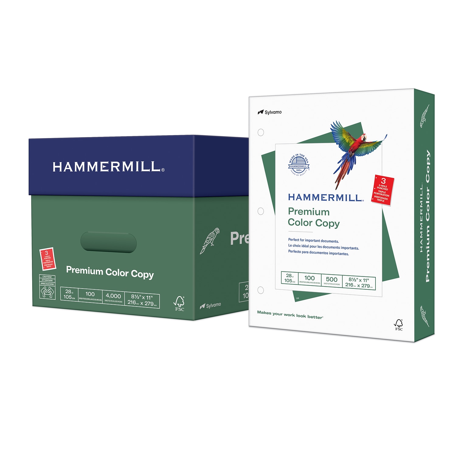 Hammermill Premium 8.5 x 11 3-Hole Punched Color Copy Paper, 28 lbs., 100 Brightness, 500 Sheets/Ream, 8 Reams/Carton (102500)