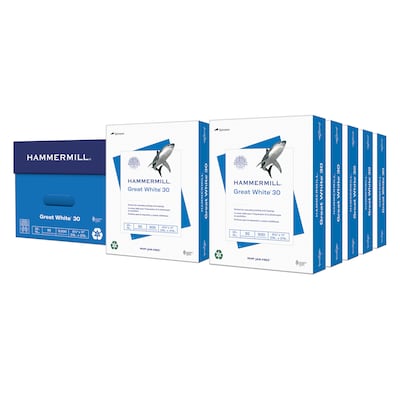 Hammermill Great White 30% Recycled 8.5 x 11 Copy Paper, 20 lbs., 92 Brightness, 5000 Sheets/Carto