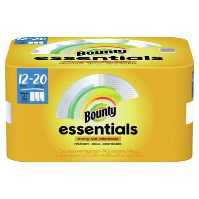 Bounty Essentials Select-A-Size Paper Towels, 2-ply, 104 Sheets/Roll, 12 Rolls/Pack (74647)