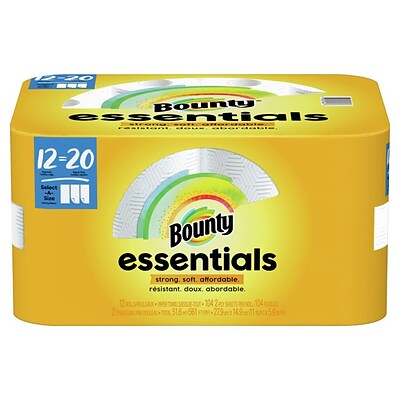 Bounty Essentials Select-A-Size Kitchen Roll Paper Towel, 2-Ply, White, 104 Sheets/Roll, 12 Rolls/Pack (74647)