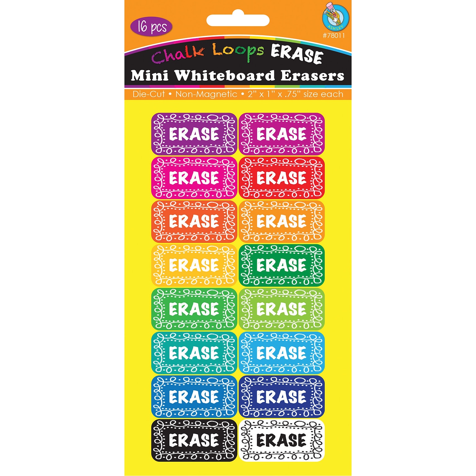 Ashley Productions® Mini Whiteboard Erasers, Chalkboard Loops Assorted Colors, 2 x 1 x 0.75, Pack of 16 (ASH78011)