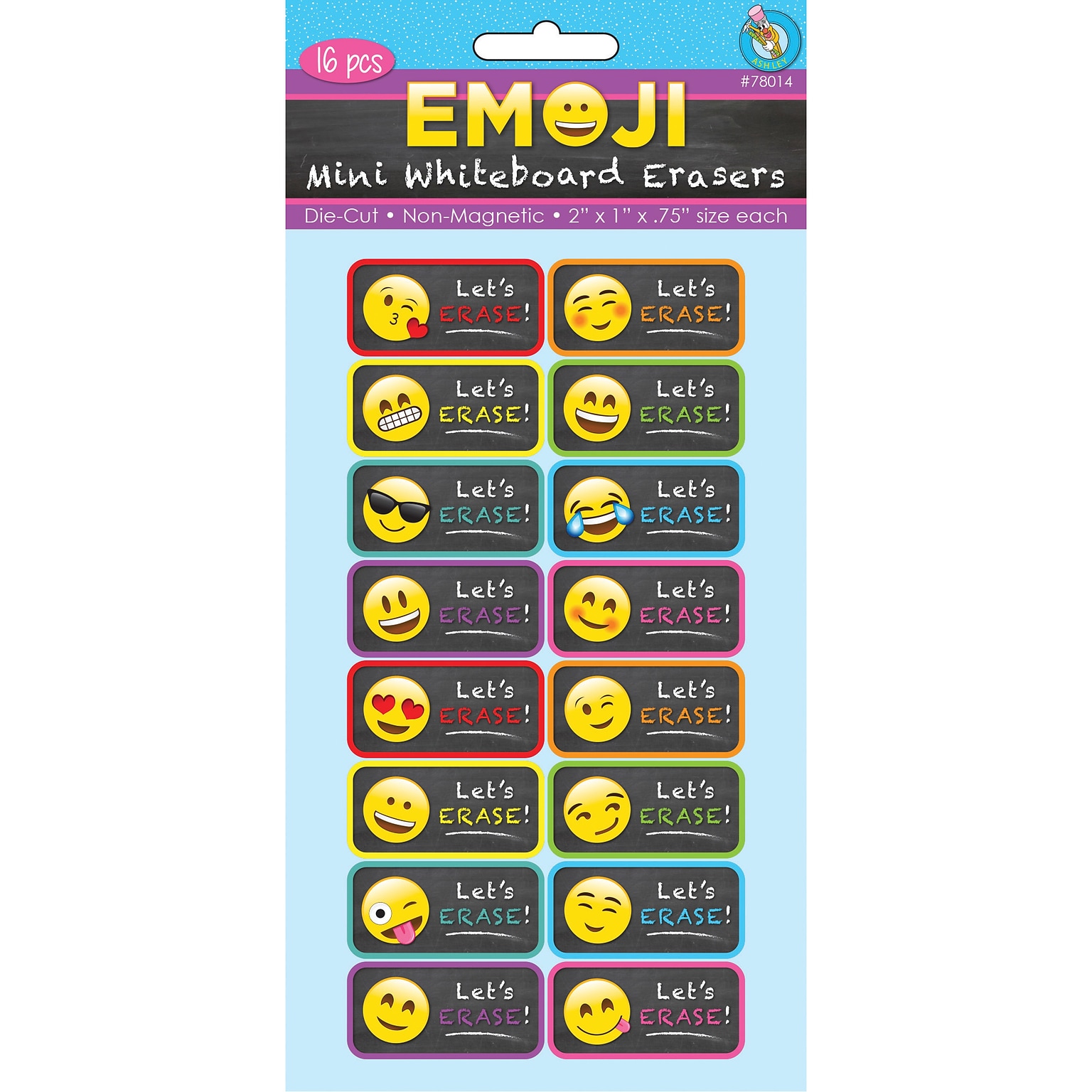 Ashley Productions Non-Magnetic Mini Whiteboard Erasers, Emotions Icons, 16/Pack (ASH78014)