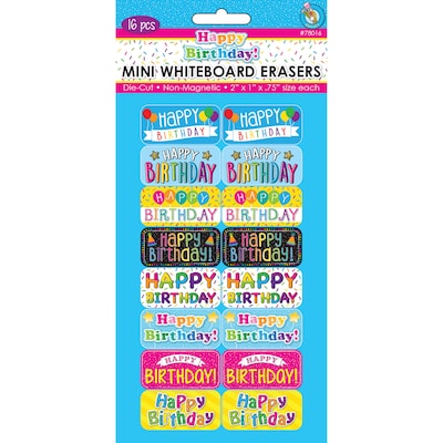 Ashley Productions® Mini Whiteboard Erasers, Happy Birthday, 2 x 1 x 0.75, Pack of 16 (ASH78016)