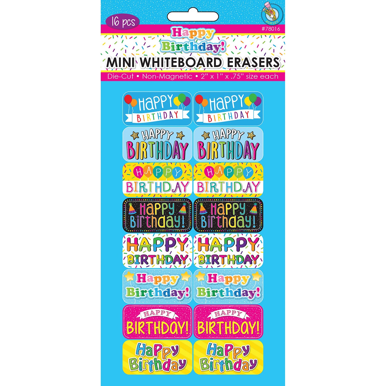 Ashley Productions Mini Whiteboard Erasers, Happy Birthday, 2 x 1 x 0.75, Pack of 16 (ASH78016)