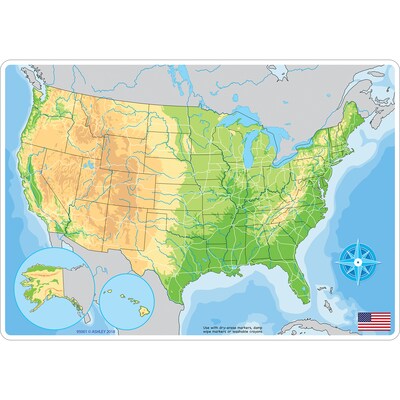 Ashley Productions Smart Poly 12 x 17 U.S. Physical Map Learning Mat, Double-Sided (ASH95001)