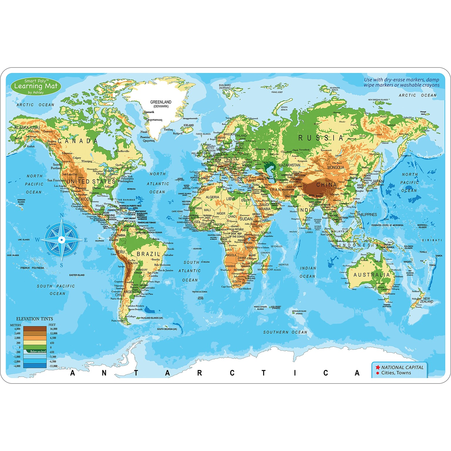Ashley Productions Smart Poly 12 x 17 World Physical Map Learning Mat, Double-Sided (ASH95003)
