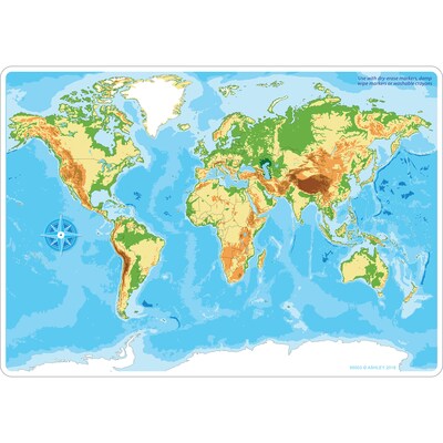 Ashley Productions Smart Poly 12" x 17" World Physical Map Learning Mat, Double-Sided (ASH95003)