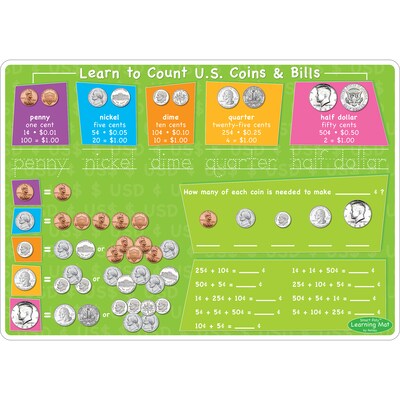 Ashley Productions Smart Poly 12 x 17 U.S. Currency Learning Mat, Double-Sided (ASH95027)