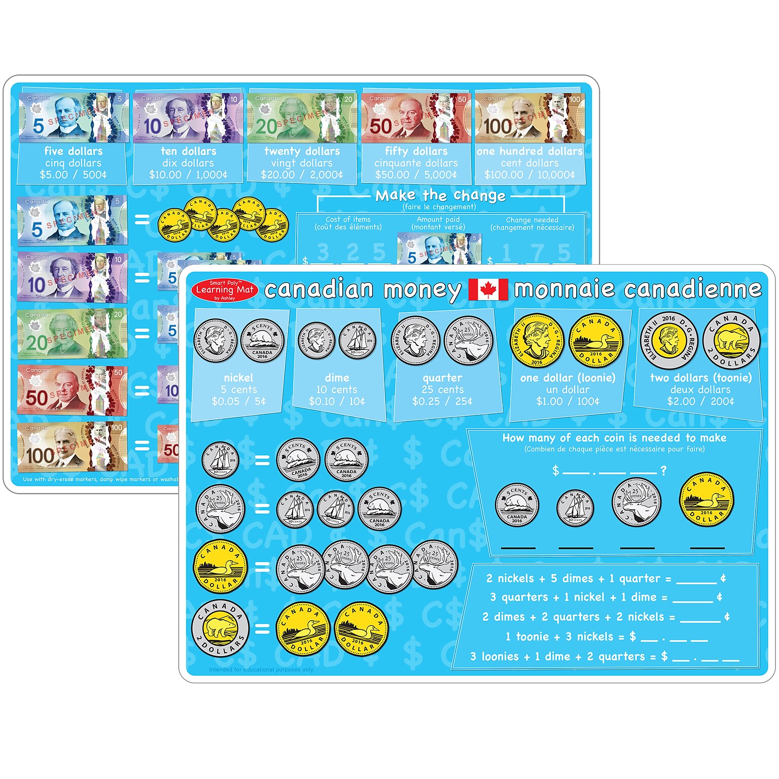Ashley Productions Smart Poly 12 x 17 Canadian Currency Learning Mat, Double-Sided (ASH95029)