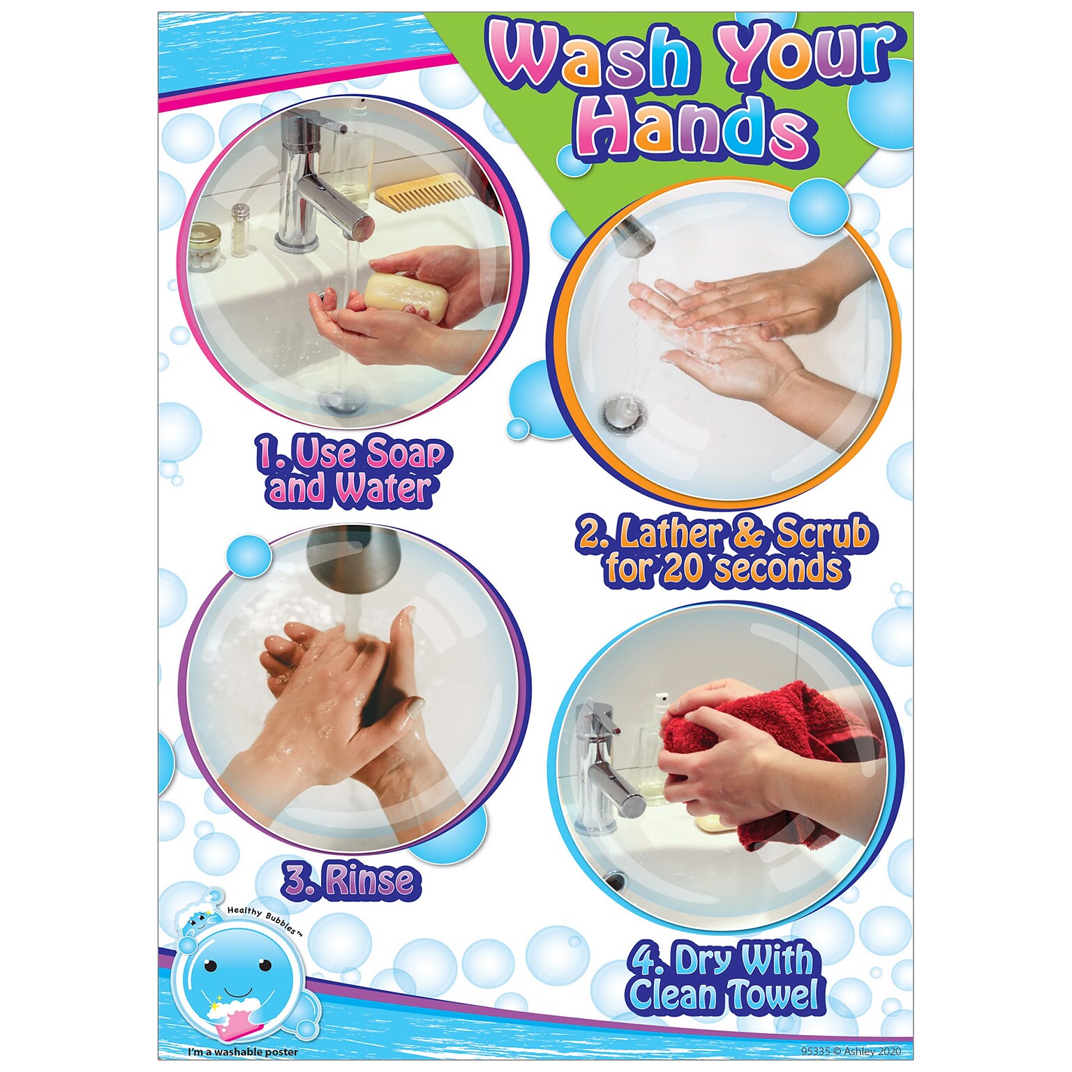 Ashley Productions Smart Poly Space Savers 13 x 9.5 Wash Your Hands PosterMat Pals (ASH95335)
