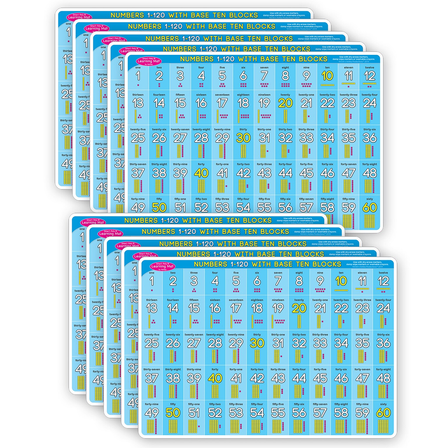 Ashley Productions Smart Poly 12 x 17 Base 10, 1 to 120 Learning Mat, Double-Sided, Pack of 10 (ASH95638)