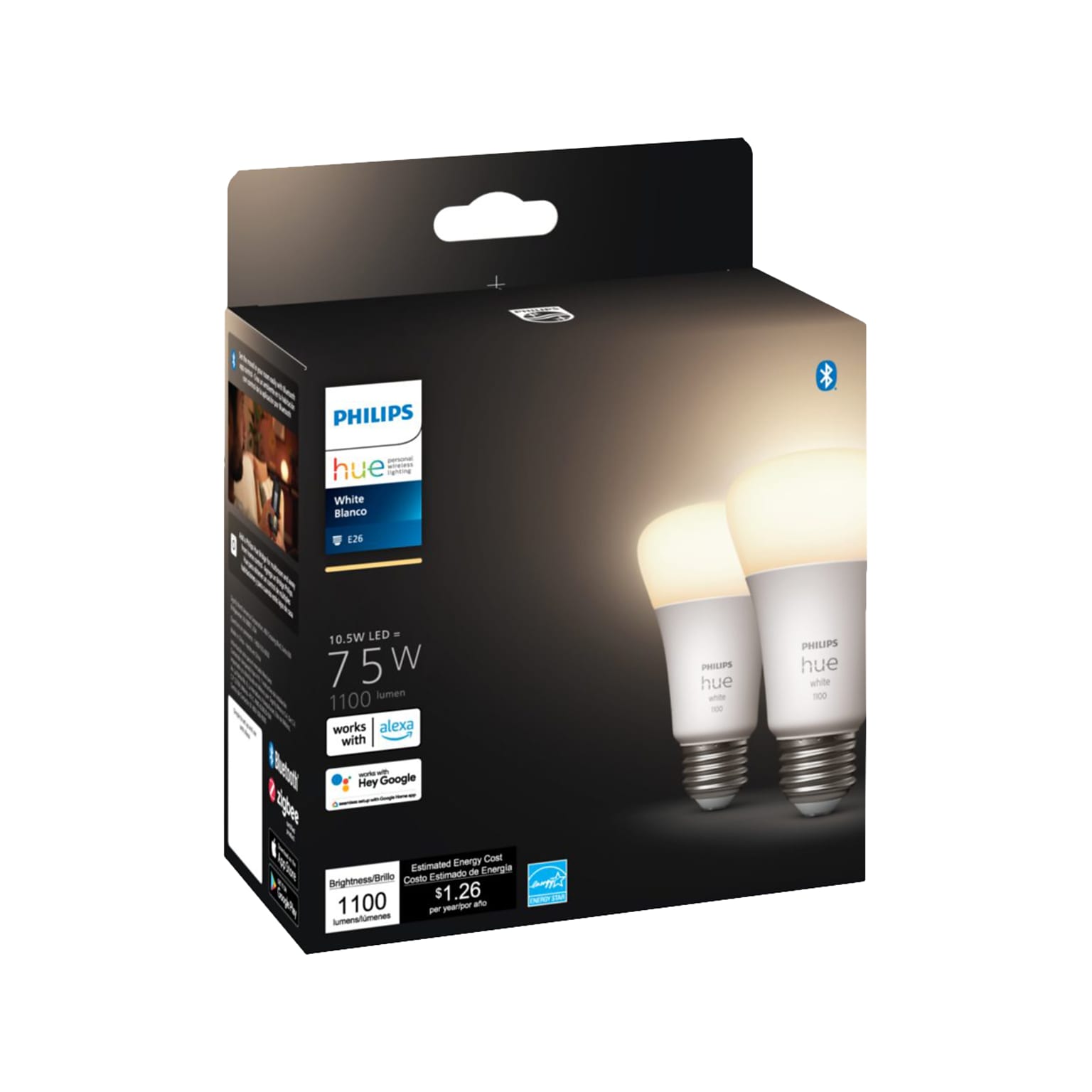 Philips Hue White Light Bulb, A19 2700K 10.5W E26, 2/Pack  (563007)