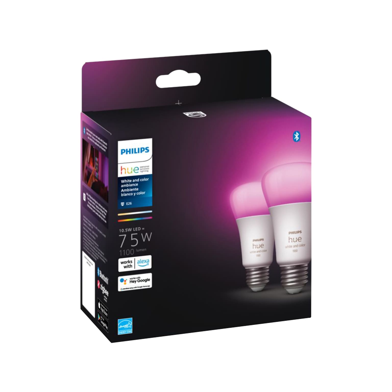 Philips Hue White Light Bulb, A21 16 Million Colors 10.5W E26, 2/Pack  (563361)