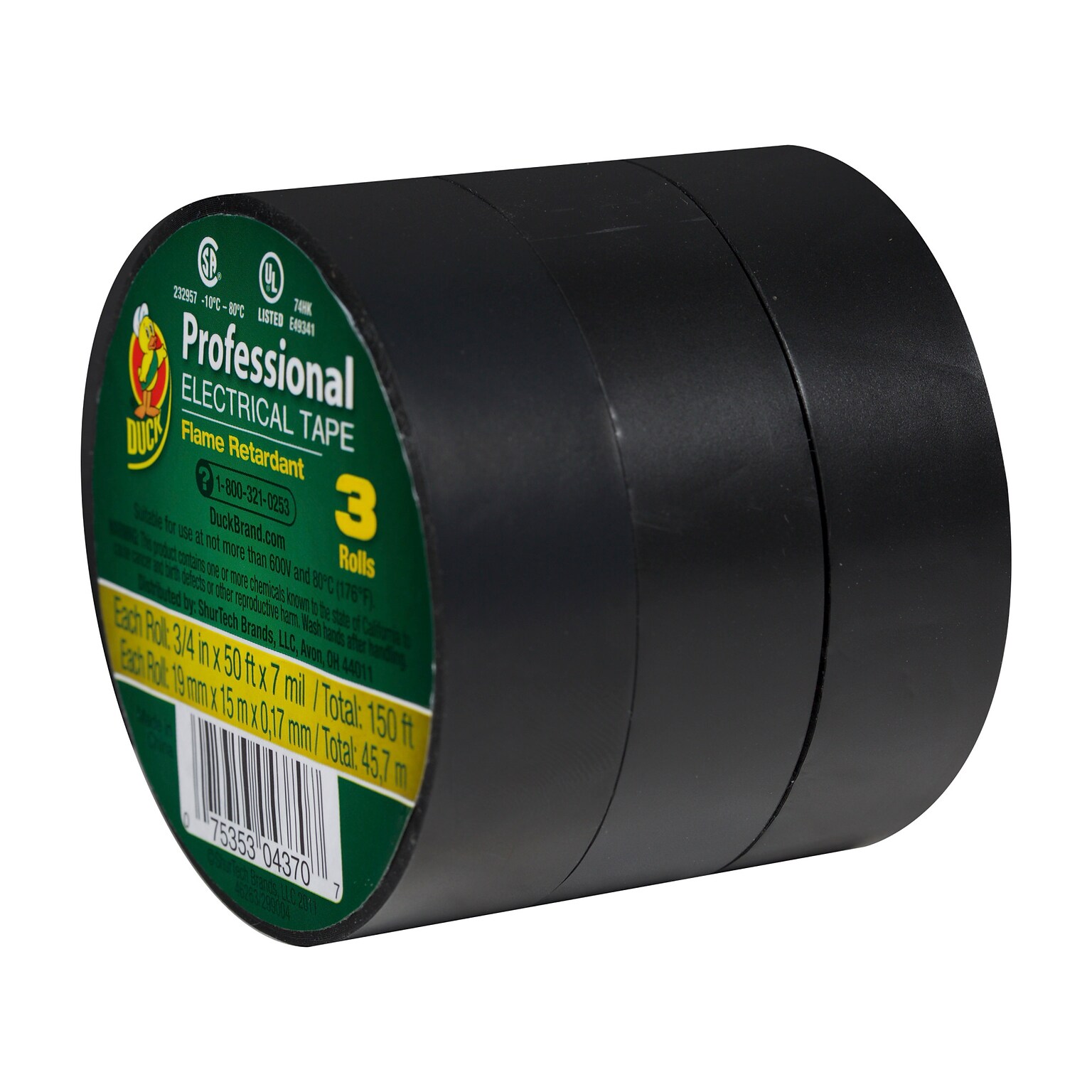 Duck Professional Heavy Duty Vinyl Electrical Tape, 0.75 x 50, Black, 3/Pack (299004)