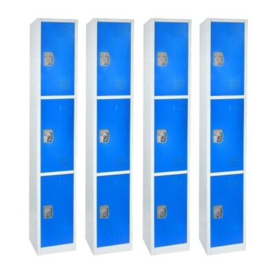 AdirOffice 72 Triple-Compartment Steel Tier Key Lock Blue Storage Locker, 4/Pack (629-203-BLU-4PK)