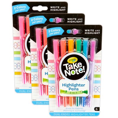 Crayola Take Note! Dual-Ended Highlighter Pens, Chisel & Fine Tip, Assorted Colors, 6 Per Pack, 3 Packs (BIN586534-3)