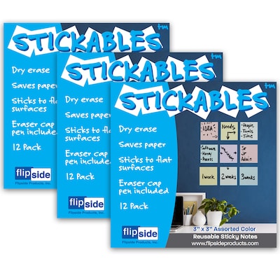 Flipside Products Dry Erase Stickables with Dry Erase Marker, Assorted Pastel Colors, 3 x 3, 12 Pe