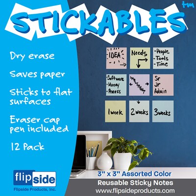 Flipside Products Dry Erase Stickables with Dry Erase Marker, Assorted Pastel Colors, 3" x 3", 12 Per Pack, 3 Packs (FLP94433-3)