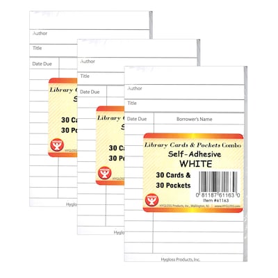 Hygloss Library Cards & Self-Adhesive Pockets Combo, White, 30 Each/60 Pieces Per Pack, 3 Packs (HYG