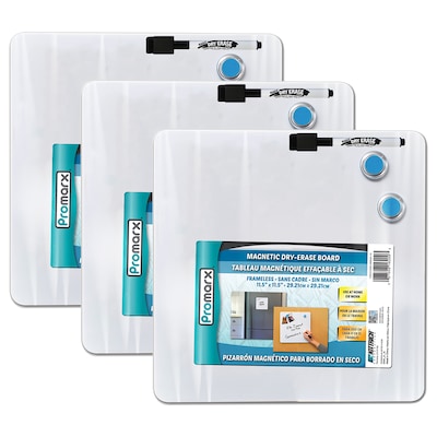 Promarx® Magnetic Dry-Erase Board with Dry-Erase Marker & Two Magnets, 11.5" x 11.5", 3 Sets (KITDE16WDSU0112-3)