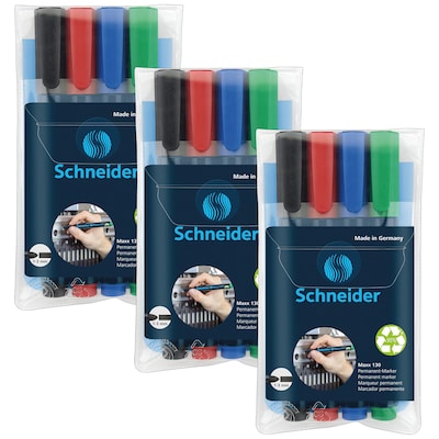 Schneider Maxx 130 Permanent Markers, Bullet Tip, Assorted Colors, 4 Per Pack, 3 Packs (PSY113094-3)