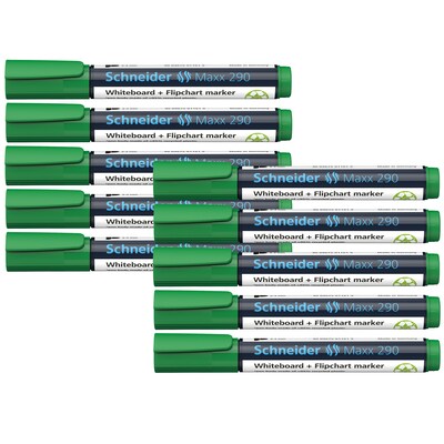 Schneider Maxx 290 Whiteboard & Flipchart Markers, Bullet Tip, Green, Box of 10 (PSY12900410)