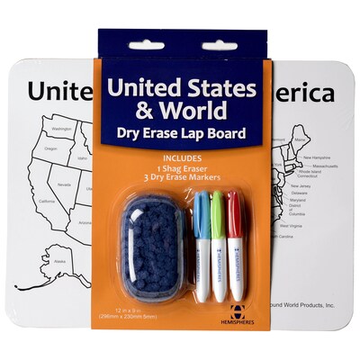 Hemispheres 12 x 9 Double-Sided World/USA Dry Erase Activity Lap Board with 3 Markers & Eraser (RWPDE01)