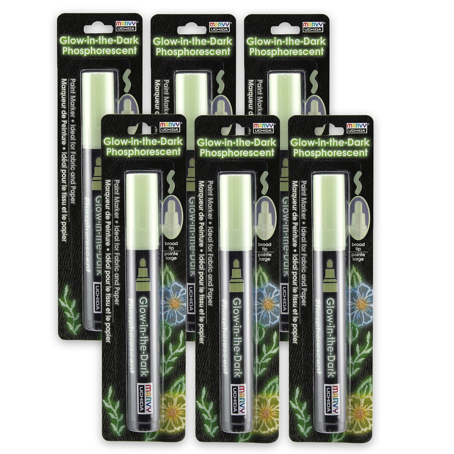 Marvy Uchida Glow In The Dark Green Fabric Marker, Broad Tip, Green, Pack of 6 (UCH223C-6)