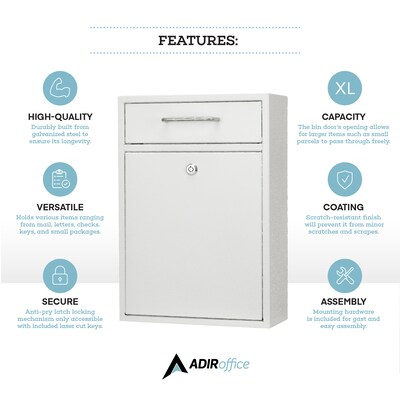 AdirOffice Steel Large Wall Mounted Drop Box Interoffice Mailbox, Key Lock, White (631-04-WHI)