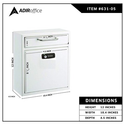 AdirOffice Medium Wall Mounted Drop Box Mailbox, White (631-05-WHI-KC)