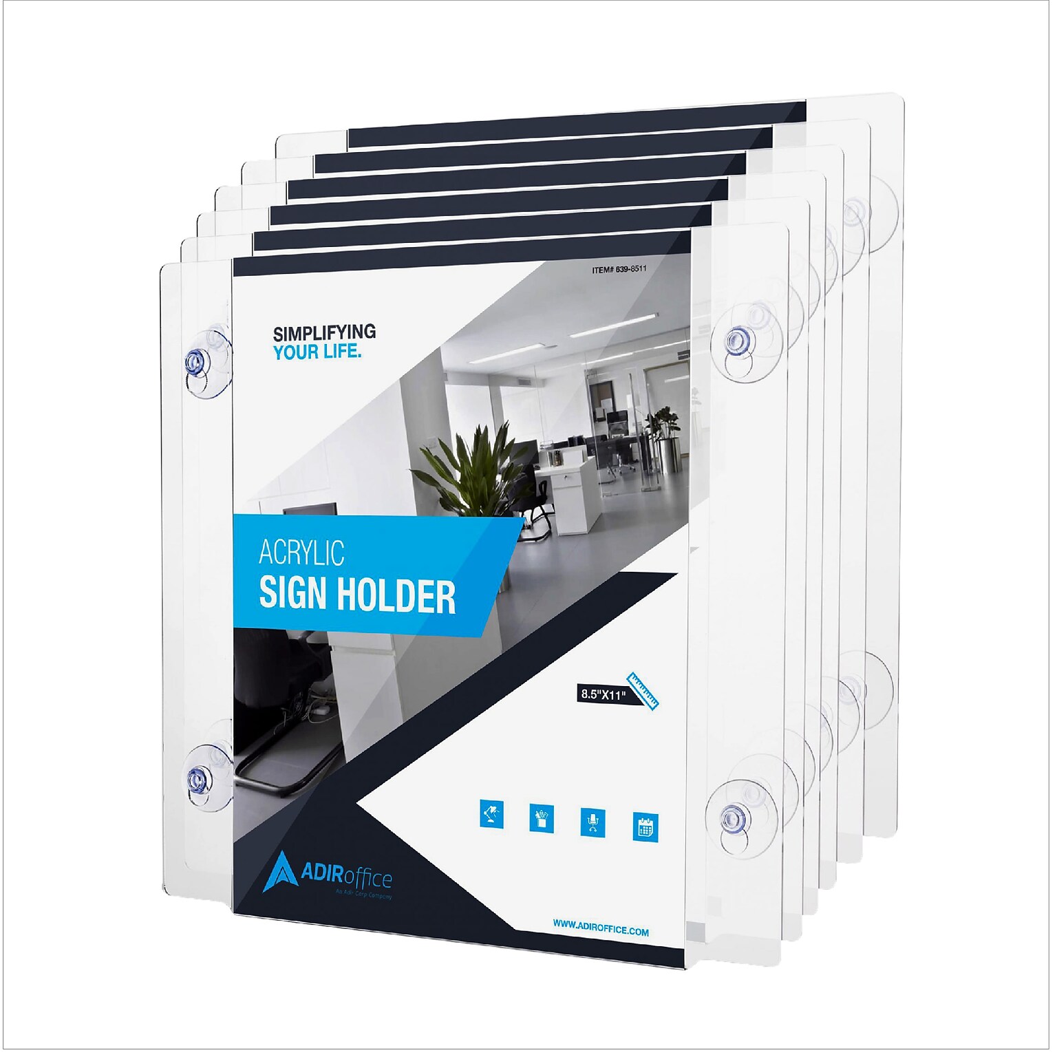 AdirOffice Window Sign Holder, 8.5 x 11, Vertical/Horizontal, Side Loading, Clear Acrylic, 6/Pack (639-8511-WSH-6)