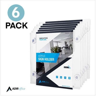 AdirOffice Window Sign Holder, 8.5" x 11", Vertical/Horizontal, Side Loading, Clear Acrylic, 6/Pack (639-8511-WSH-6)