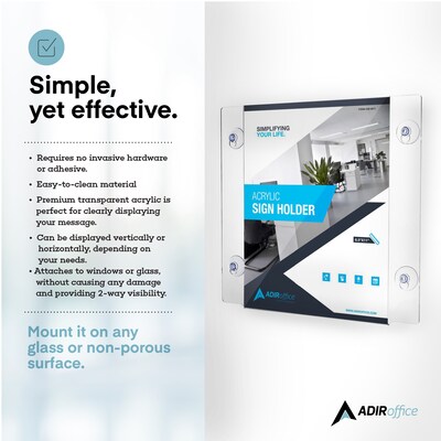 AdirOffice Window Sign Holder, 8.5" x 11", Vertical/Horizontal, Side Loading, Clear Acrylic, 6/Pack (639-8511-WSH-6)
