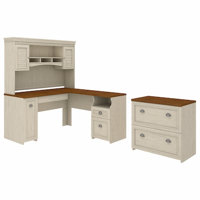 Bush Furniture Fairview 60W L Shaped Desk with Hutch and Lateral File Cabinet, Antique White/Tea Ma