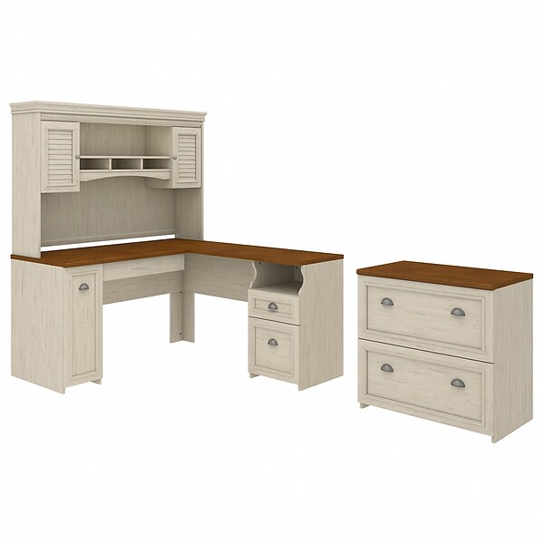Bush Furniture Fairview L Shaped Desk with Hutch and Lateral File Cabinet, Antique White/Tea Maple (FV003AW)