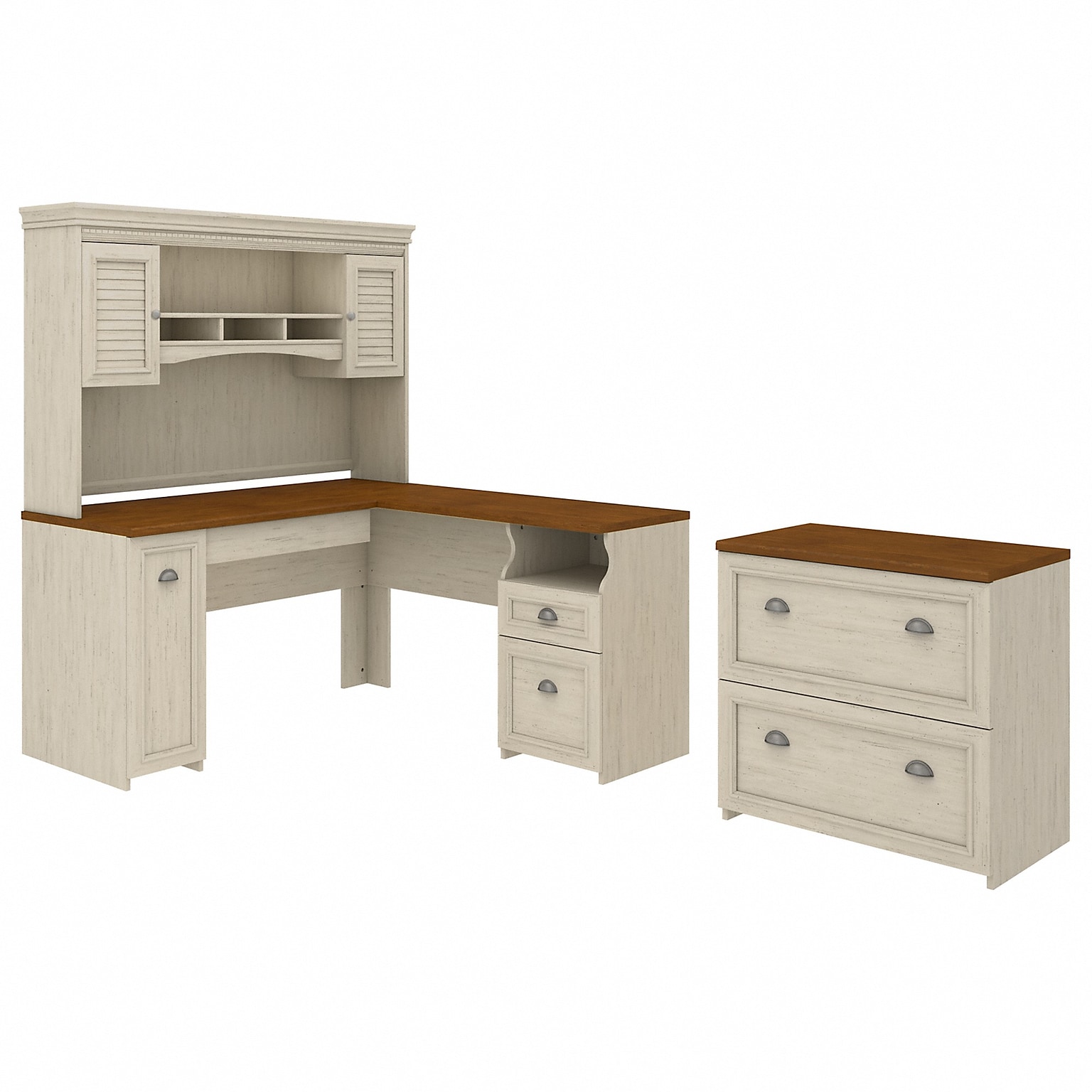 Bush Furniture Fairview 60W L Shaped Desk with Hutch and Lateral File Cabinet, Antique White/Tea Maple (FV003AW)