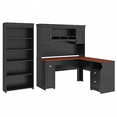 Bush Furniture Fairview 60 W L Shaped Desk with Hutch and 5 Shelf Bookcase Bundle, Antique Black (F