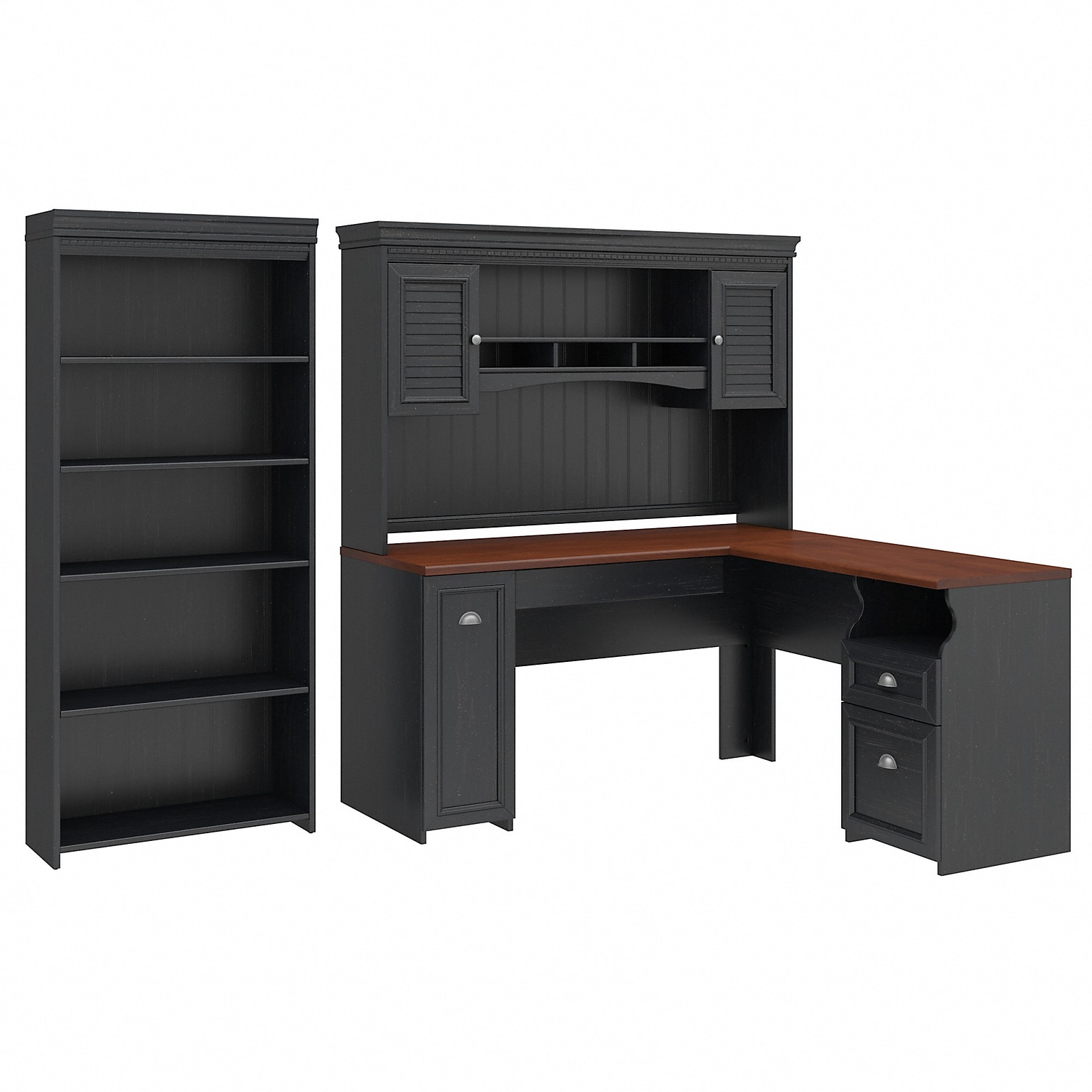 Bush Furniture Fairview 60 W L Shaped Desk with Hutch and 5 Shelf Bookcase Bundle, Antique Black (FV005AB)