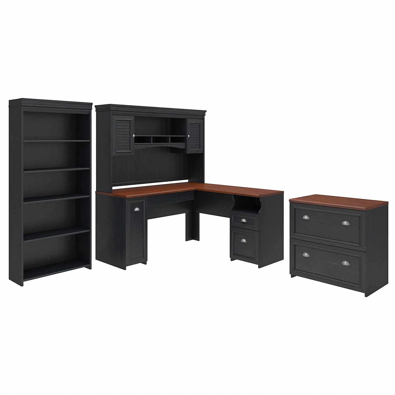 Bush Furniture Fairview 60 W L Shaped Desk with Hutch, Bookcase and Lateral File Cabinet Bundle, Antique Black (FV006AB)