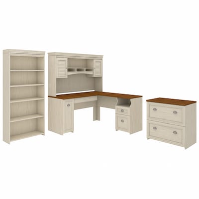 Bush Furniture Fairview 60 W L Shaped Desk with Hutch, Bookcase and Lateral File Cabinet Bundle, An