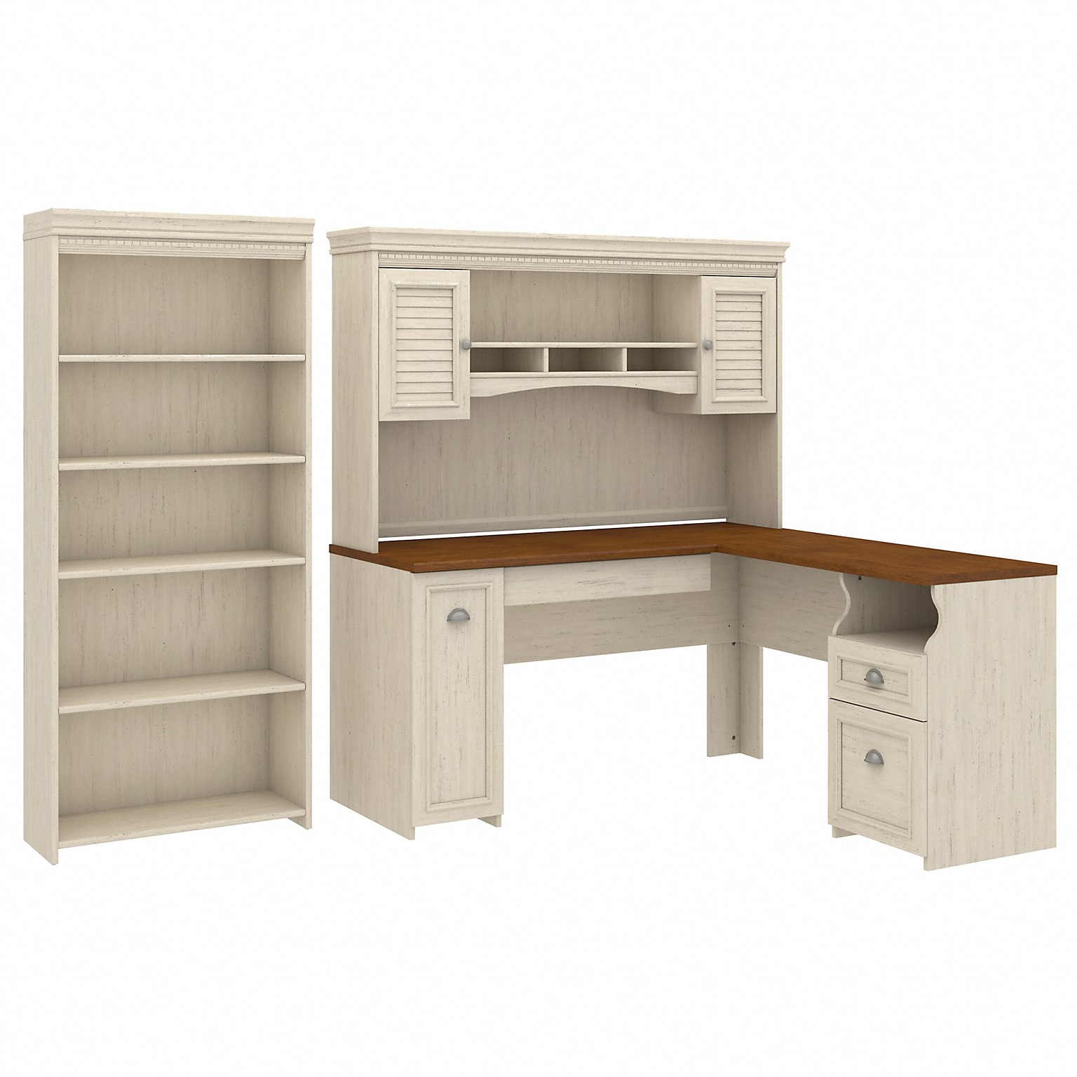Bush Furniture Fairview 60 W L Shaped Desk with Hutch and 5 Shelf Bookcase Bundle, Antique White (FV005AW)