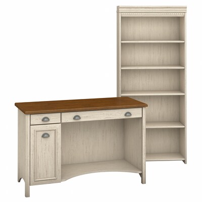 Bush Furniture Fairview 48W Computer Desk and 5 Shelf Bookcase, Antique White and Tea Maple (STF005AW)